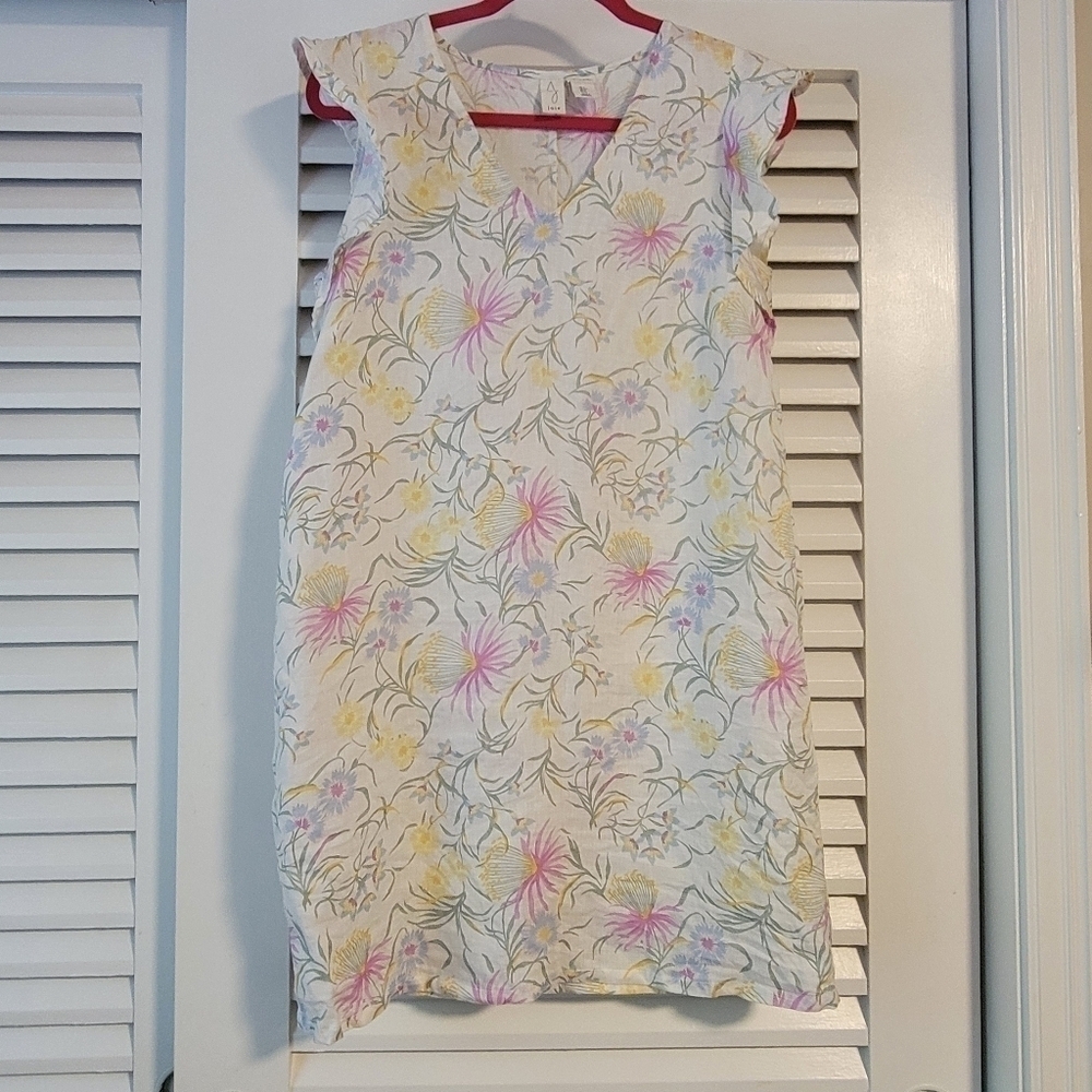 Joie Floral 100% linen Ruffle cap sleeve dress. - Picture 7 of 12